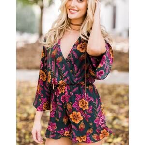 EVERLY SMALL NATURE ROAMS FLORAL ROMPER Deep V Neck Boho
